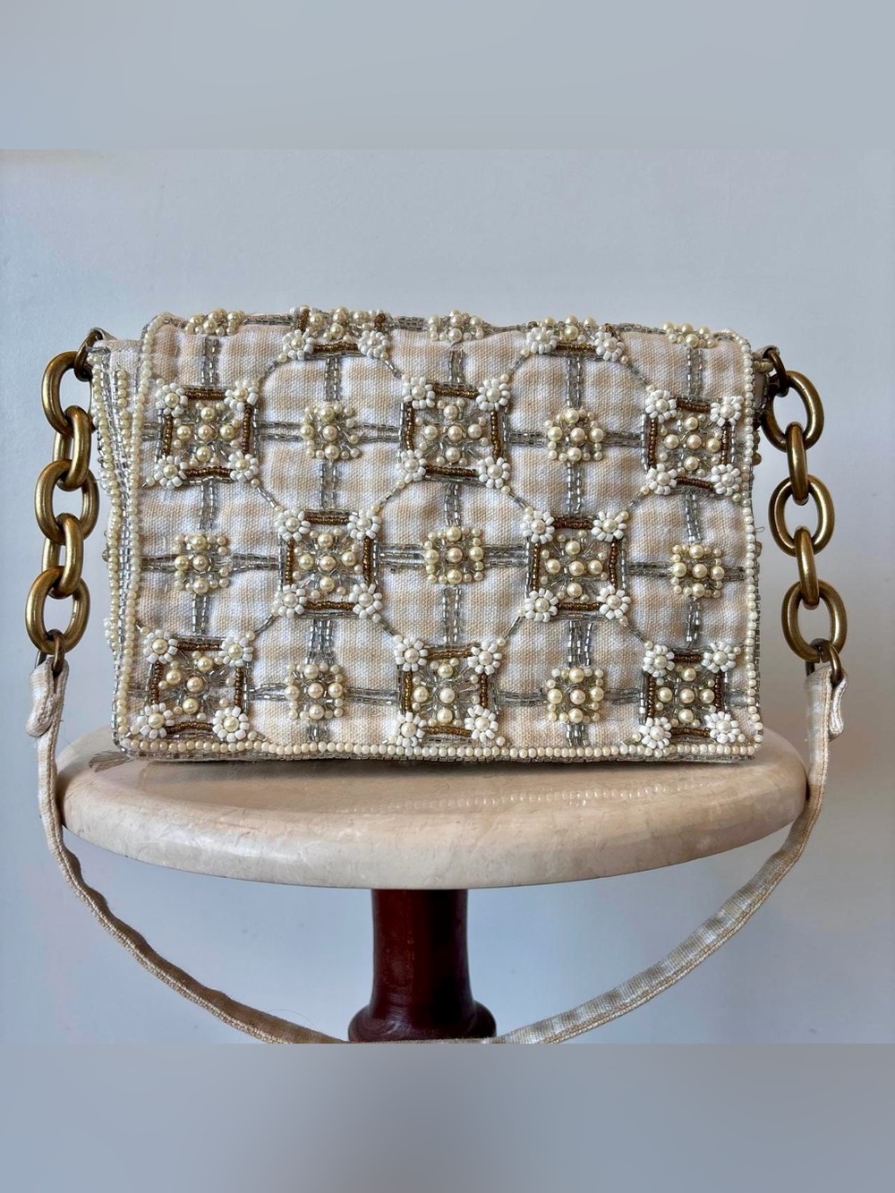 Zara Embellished beaded Cream Pearl-Trim Shoulder Bag